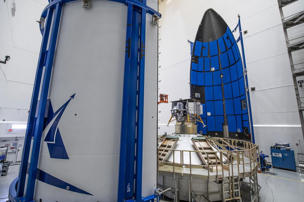 <i>United Launch Alliance/NASA</i><br/>Astrobotic's Peregrine lunar lander is shown as it prepares to be encapsulated in the payload fairing