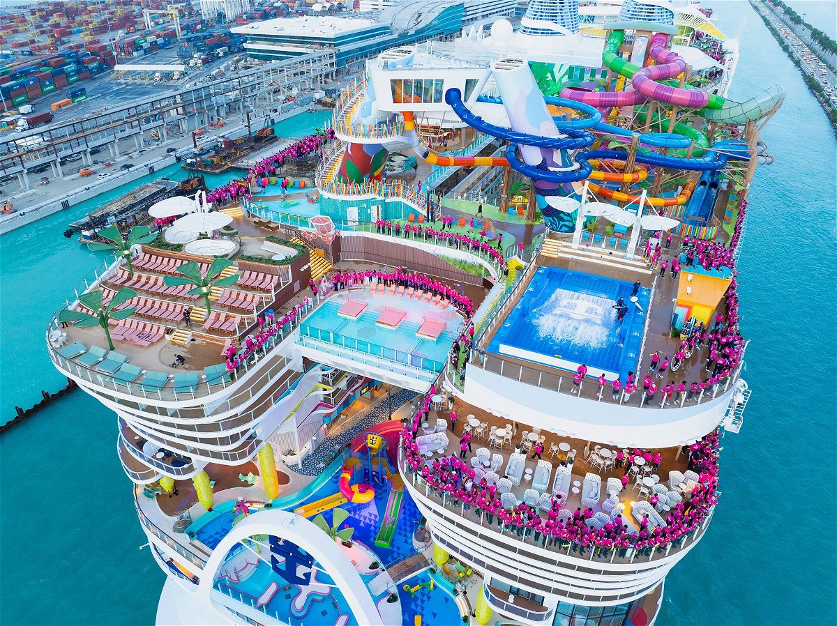 Among the behemoth’s attractions, there’s Category 6 – the ship’s 17,000-square-foot water park, currently the largest at sea and sprawled across Decks 16 and 17, with six slides that include Frightening Bolt and the first family raft slides at sea.