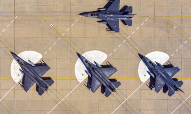 An aerial view of Turkish Air Force F-16 fighter aircrafts in Balikesir