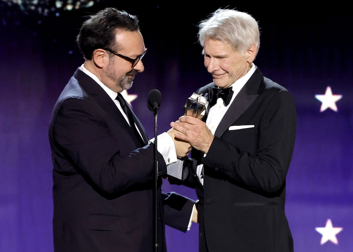 Director James Mangold presenting Harrison Ford with the Career Achievement Award during the 2024 Critics Choice Awards in Santa Monica.