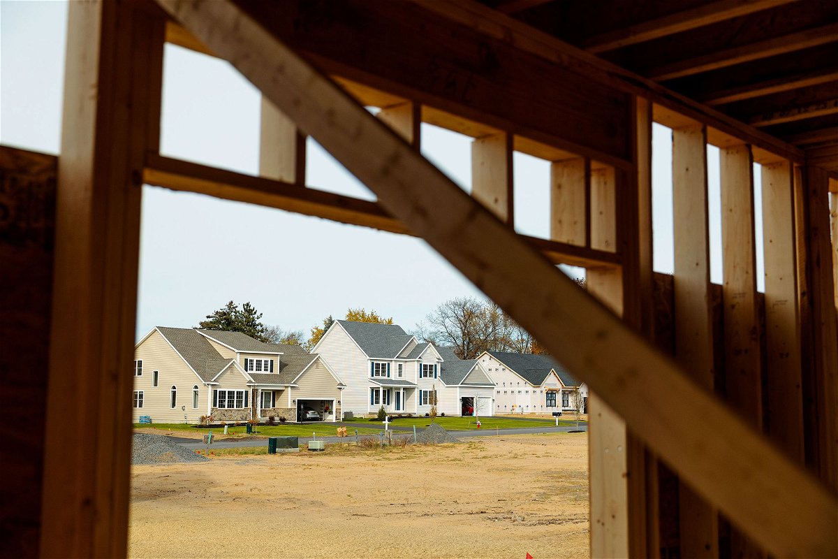 Homes under construction at the Cold Spring Barbera Homes subdivision in Loudonville, New York, on November 8, 2023. The annual pace of new home construction pulled back last month after soaring in November, despite a historic shortage of housing inventory and falling mortgage rates.