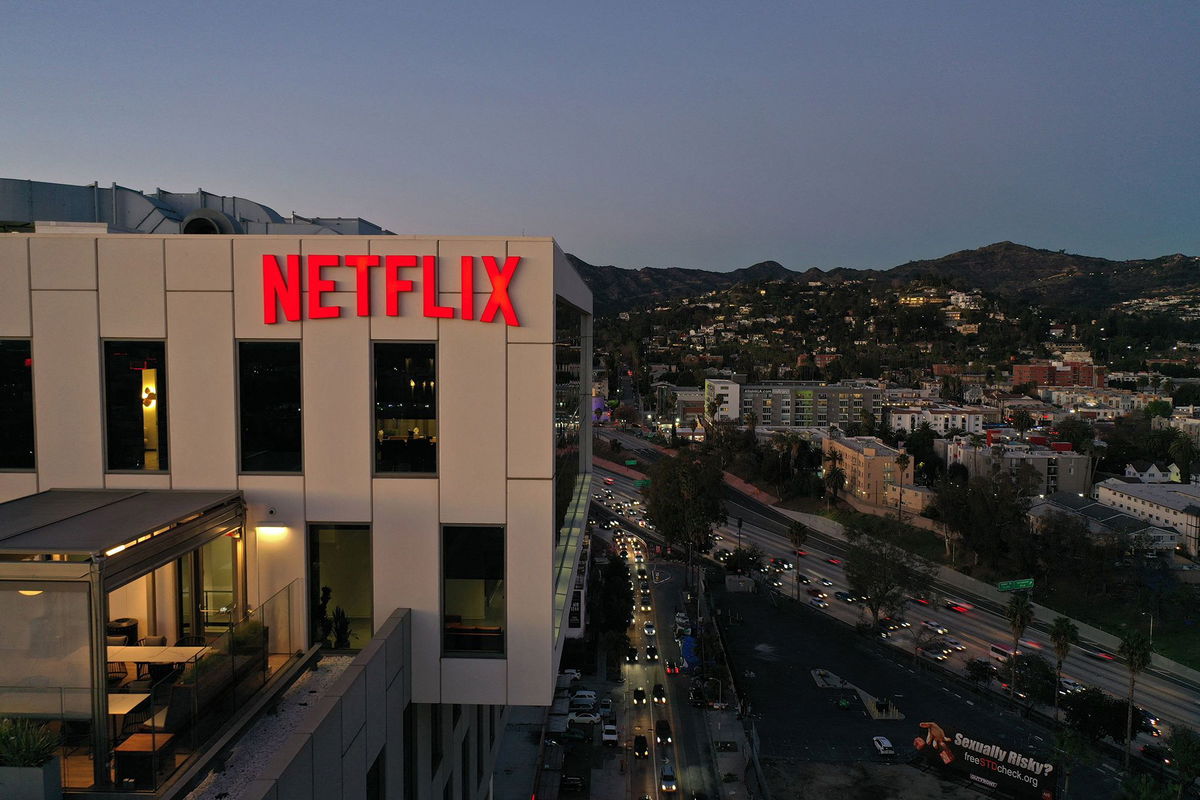 The Netflix logo is seen on top of their office building in Hollywood, California, January 20, 2022.