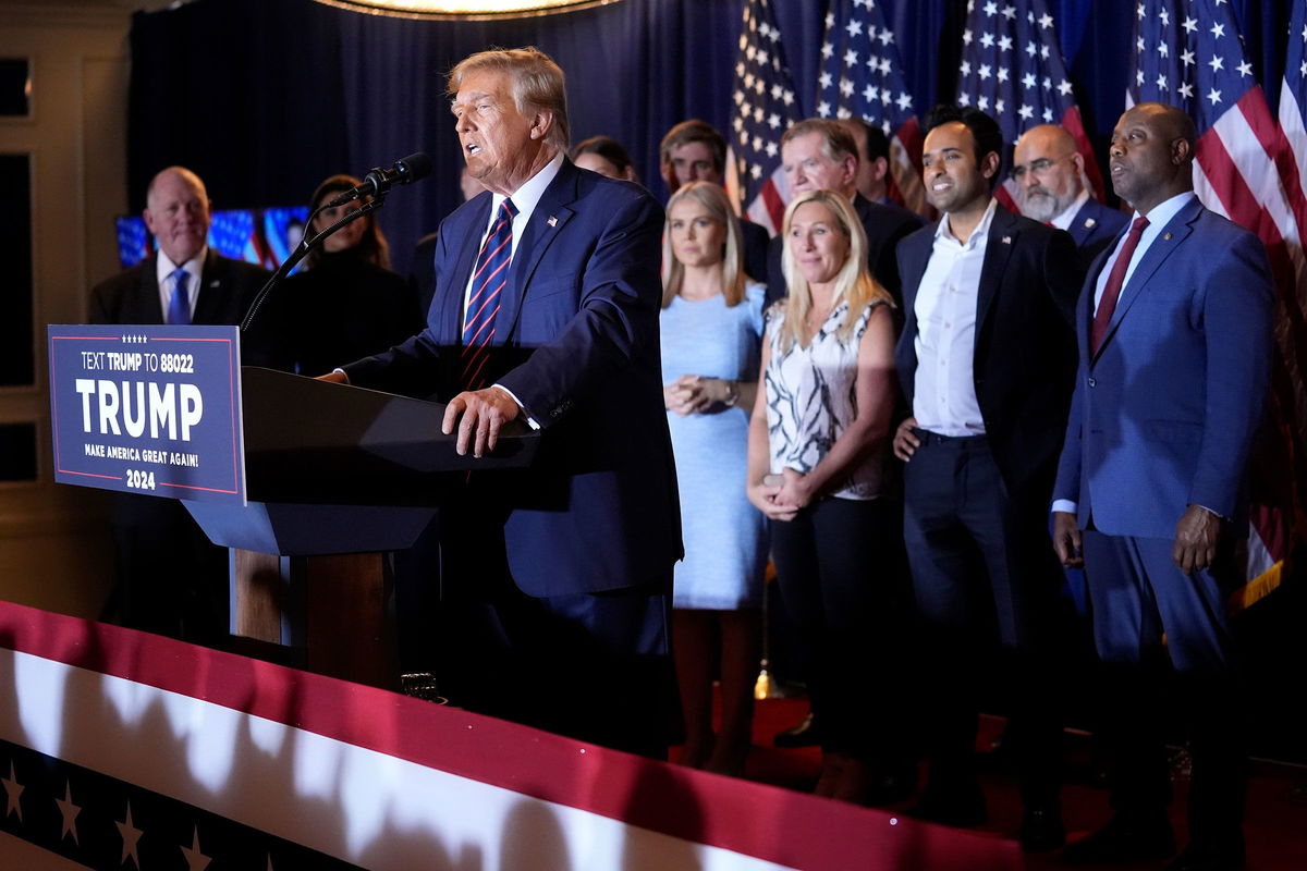 <i>Matt Rourke/AP</i><br/>Former President Donald Trump speaks at a primary election night party in Nashua