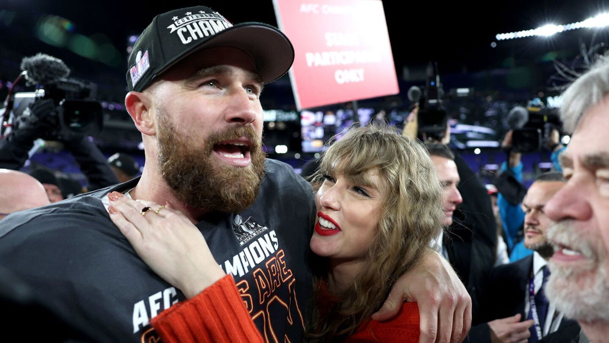 <i>Patrick Smith/Getty Images</i><br/>Travis Kelce #87 of the Kansas City Chiefs celebrates with Taylor Swift after a 17-10 victory against the Baltimore Ravens in the AFC Championship Game at M&T Bank Stadium on January 28