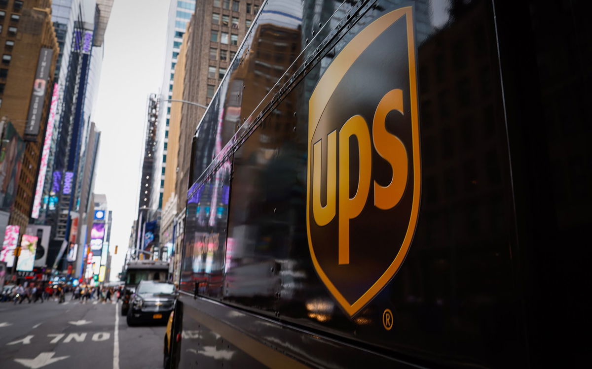 A UPS truck is parked on a street in Midtown Manhattan on August 07, 2023 in New York City.