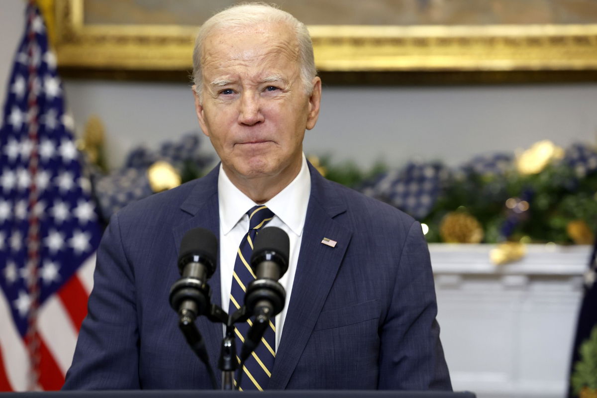 <i>Anna Moneymaker/Getty Images</i><br/>U.S. President Joe Biden delivers a statement urging Congress to pass his national security supplemental from the Roosevelt Room at the White House on December 06