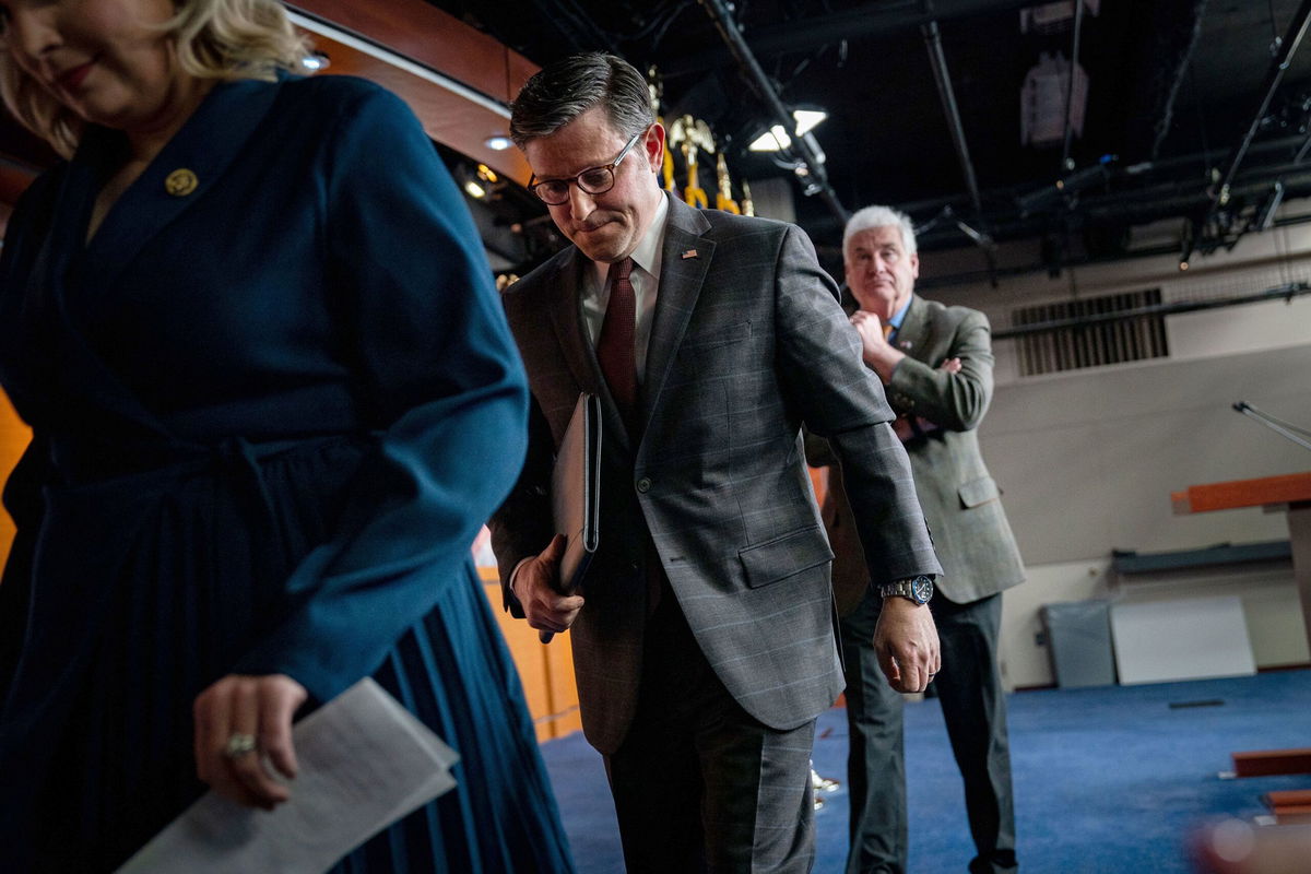 <i>Kent Nishimura/Getty Images</i><br/>House Speaker Mike Johnson departs a news conference following the Republican conference meeting at the U.S. Capitol on January 17