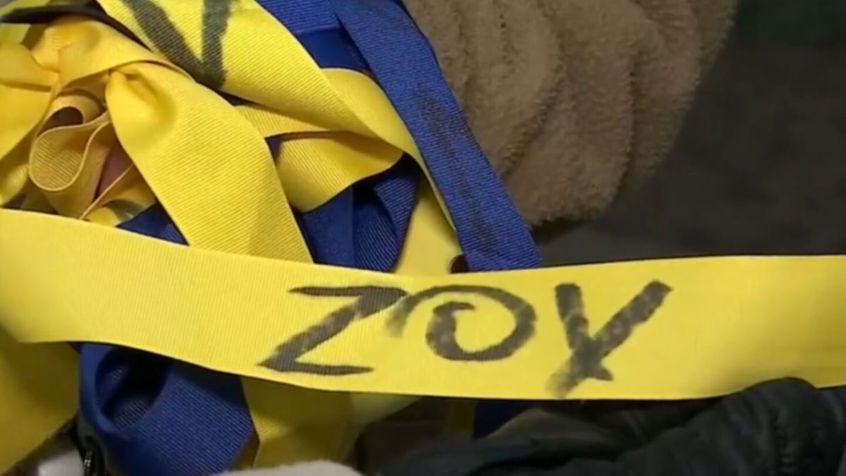 <i>WFSB via CNN Newsource</i><br/>Ukrainian ribbons on the University of Connecticut campus were vandalized.