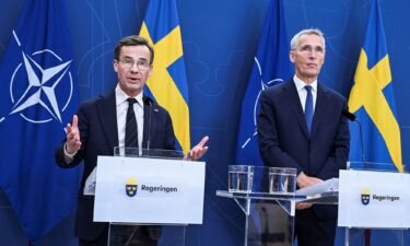 Swedish Prime Minister Ulf Kristersson and NATO Secretary General Jens Stoltenberg are seen at a news conference in Stockholm in October.