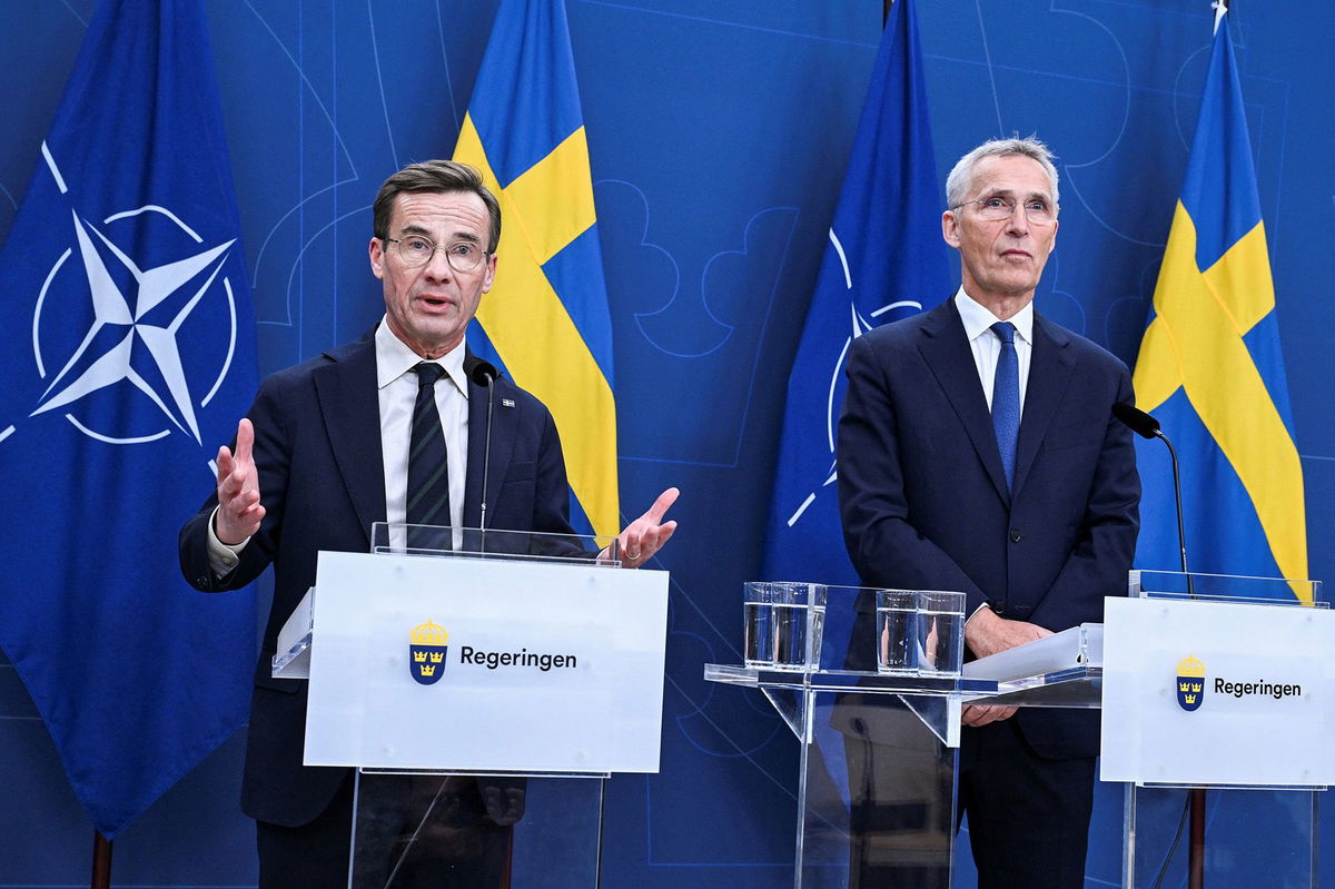 <i>Jonas Ekstromer/TT News Agency/Reuters via CNN Newsource</i><br/>Swedish Prime Minister Ulf Kristersson and NATO Secretary General Jens Stoltenberg are seen at a news conference in Stockholm in October.