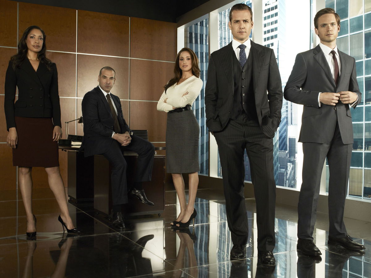 The cast of 'Suits.' From left: Gina Torres, Rick Hoffmann, Meghan Markle, Gabriel Macht and Patrick J. Adams.