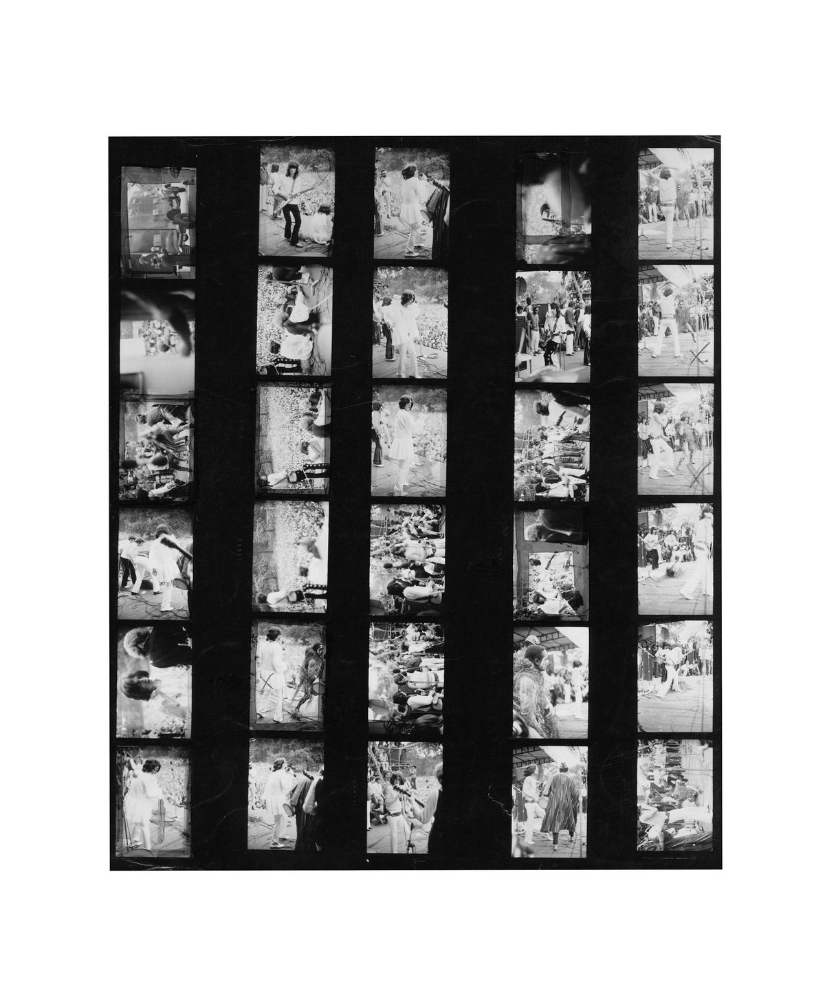 A contact sheet shows photographs taken at the Stones' legendary free concert in Hyde Park, London, in the summer of 1969.