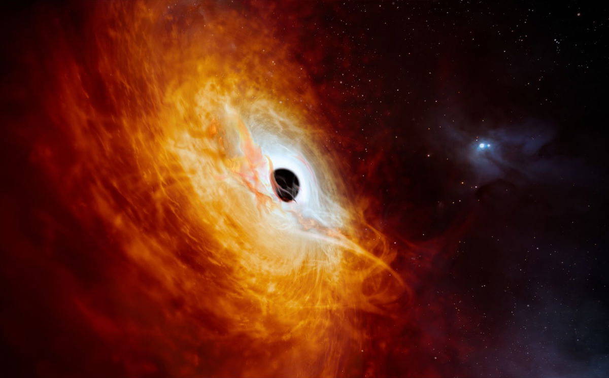 An artist's impression depicts a quasar that has been discovered to be the brightest object in the universe, and it's powered by the fastest-growing black hole ever observed.