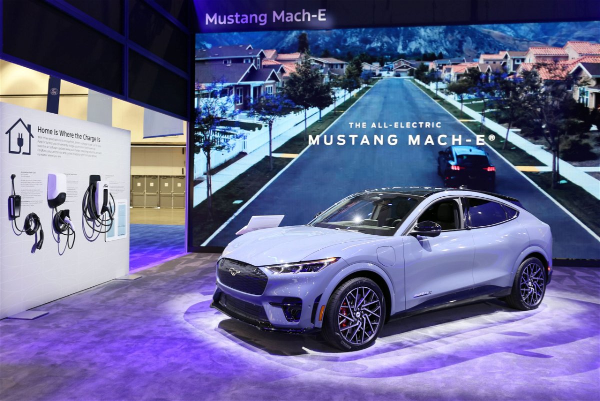 The All-Electric Ford Mach-E is displayed during the 2023 Los Angeles Auto Show at the Los Angeles Convention Center on November 24, 2023 in Los Angeles.