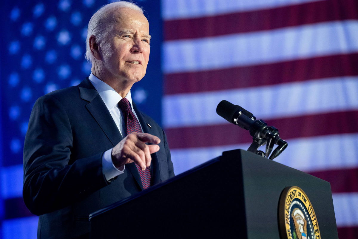 <i>Saul Loeb/AFP/Getty Images</i><br/>President Joe Biden speaks during a campaign rally at Pearson Community Center in Las Vegas