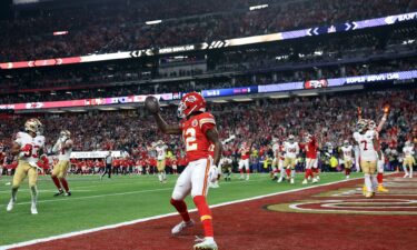 Mecole Hardman after catching the game-winning touchdown in overtime to defeat the San Francisco 49ers during Super Bowl LVIII.