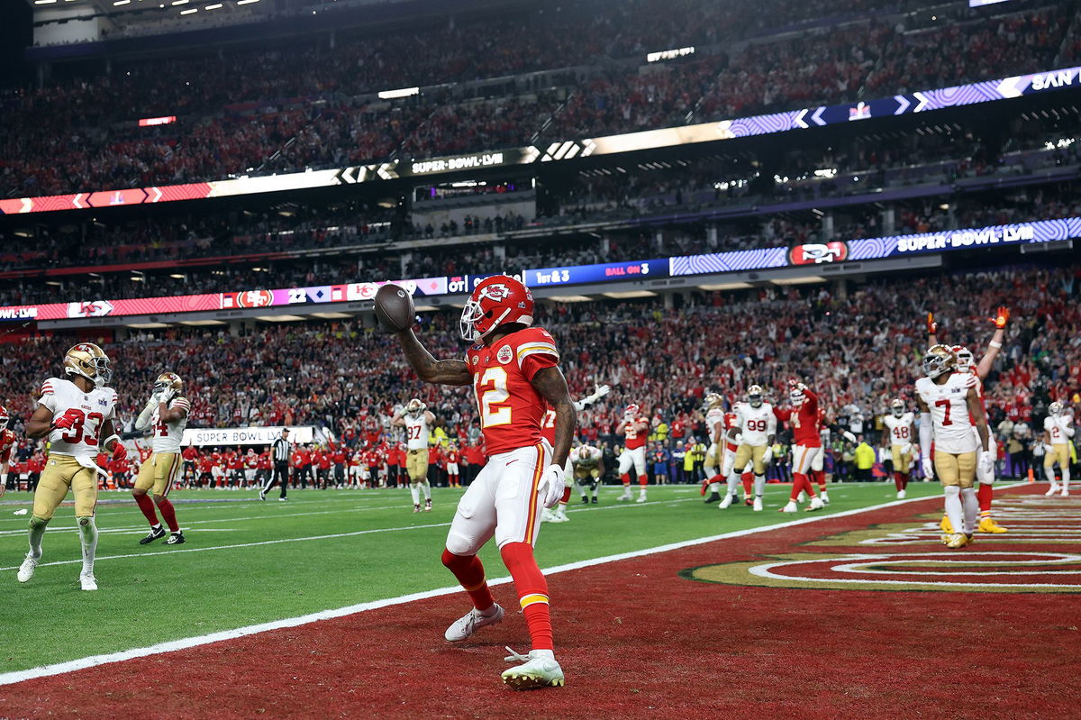 <i>Ezra Shaw/Getty Images</i><br/>Mecole Hardman after catching the game-winning touchdown in overtime to defeat the San Francisco 49ers during Super Bowl LVIII.