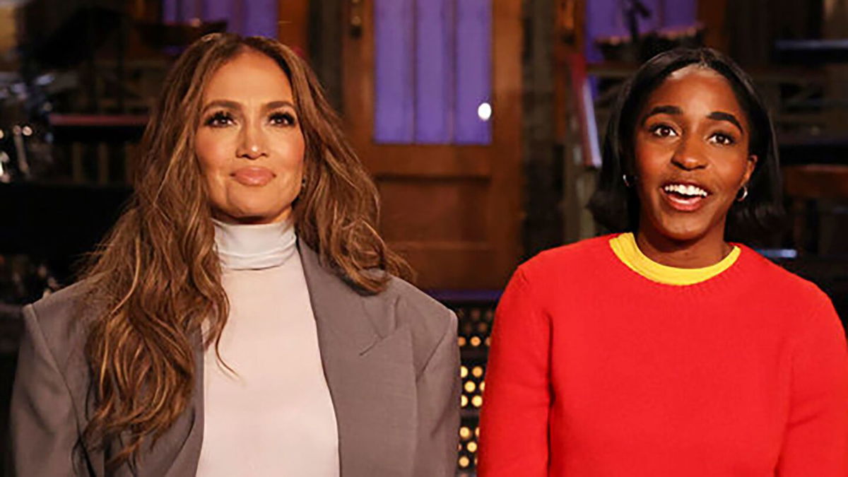 <i>Will Heath/NBC</i><br/>(From left) Jennifer Lopez and Ayo Edebiri at 'Saturday Night Live' in February.