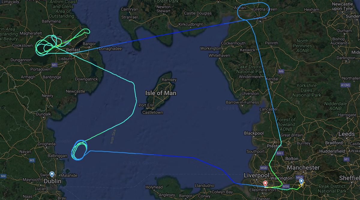 A holding pattern nightmare happened during Storm Isha in January: This Ryanair Manchester-Dublin flight first was on hold around Dublin, then attempted to land in Belfast before circling over Glasgow and then landing in Liverpool – 31 miles (50 kilometers) away from the departure airport.