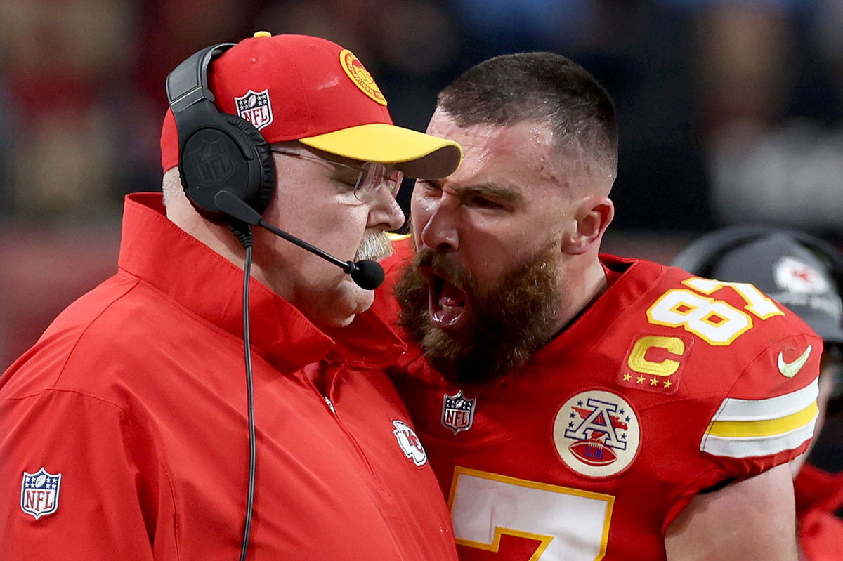 <i>Jamie Squire/Getty Images</i><br/>Travis Kelce confronts Andy Reid in the first half of Super Bowl LVIII.