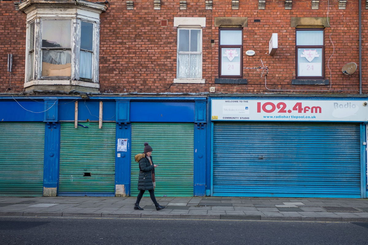 Shuttered shops on the high street in the English town of Hartlepool, pictured on February 1, 2024.	