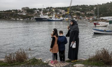 An Afghan refugee family near the port in Shengjin.