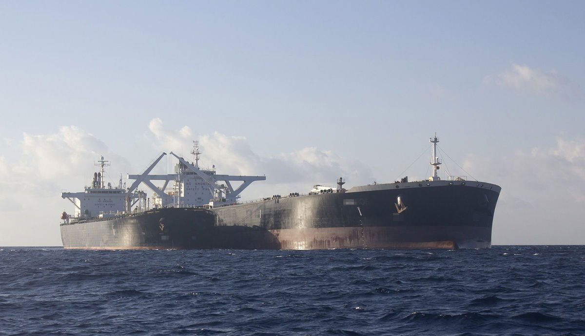 Two dark fleet oil tankers engaged in a possible ship-to-ship transfer of Russian crude oil in the Laconian Gulf in early February. CNN has added blur to this image to protect identities of the ships.