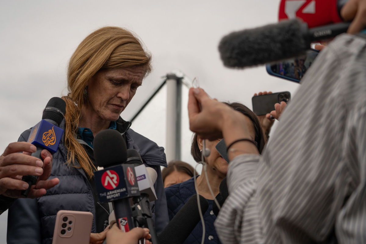<i>Astrig Agopian/Getty Images via CNN Newsource</i><br/>USAID chief Samantha Powers gives a press conference after visiting the humanitarian hub welcoming refugees from Nagorno-Karabakh in September 2023 in Kornidzor
