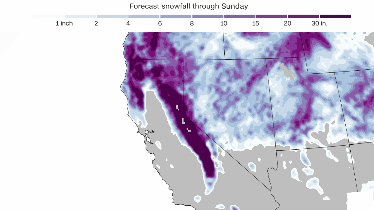 <i>CNN Weather via CNN Newsource</i><br/>A snowfall forecast from Thursday through Sunday shows feet of snow across California's mountains.