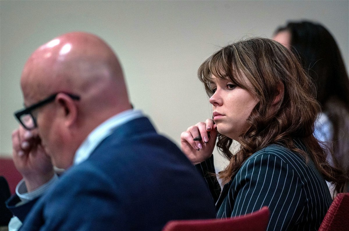 Hannah Gutierrez Reed sits with her attorney Jason Bowles, left, during testimony in her involuntary manslaughter trial in First District Court, in Santa Fe, New Mexico.