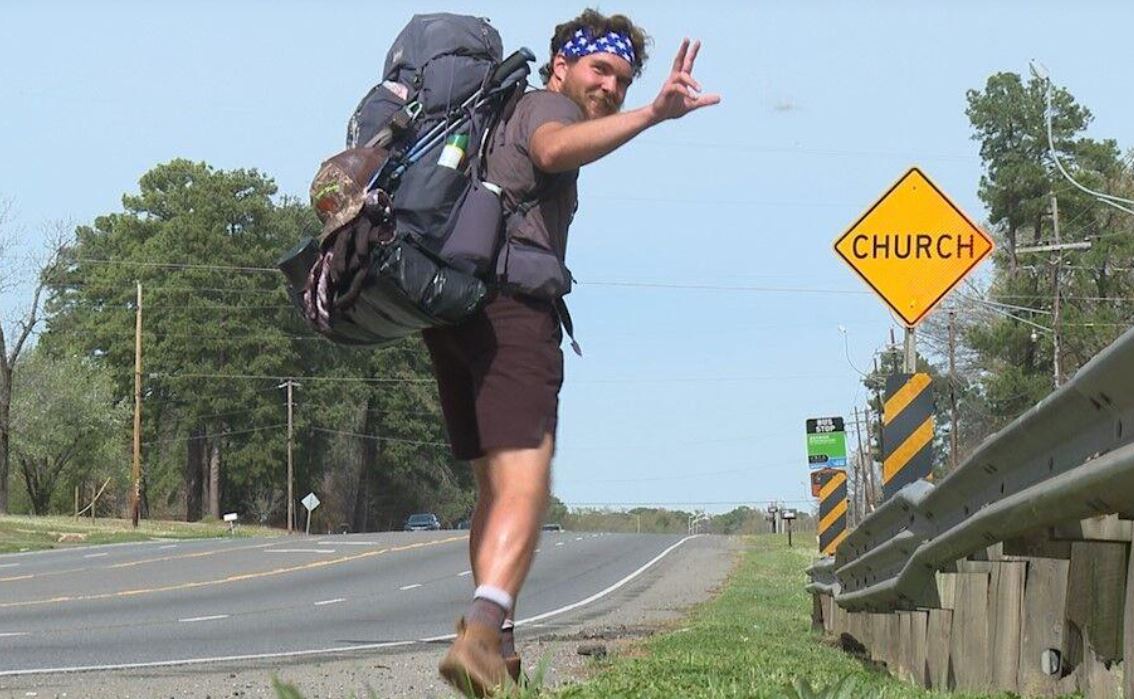 <i>KTBS via CNN Newsource</i><br/>Backpacker Joe Domina is walking across the country and is now passing through the ArkLaTex