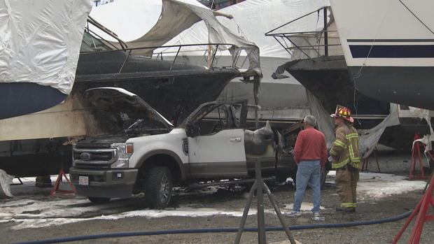 <i>WBZ via CNN Newsource</i><br/>The truck damaged a sport fishing boat