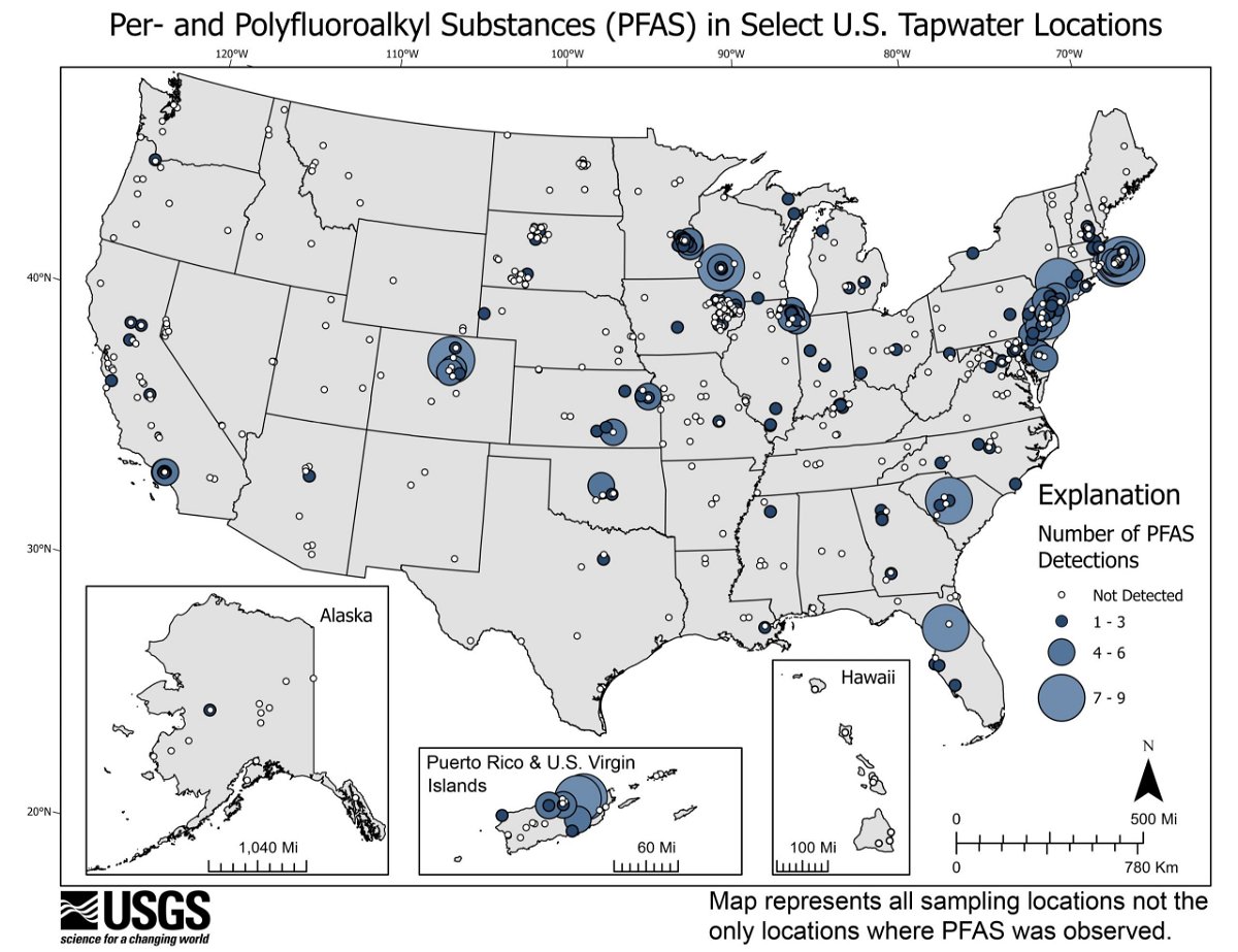 <i>USGS via CNN Newsource</i><br/>This US Geological Survey map shows the number of PFAS detected in tap water samples from select sites across the nation.