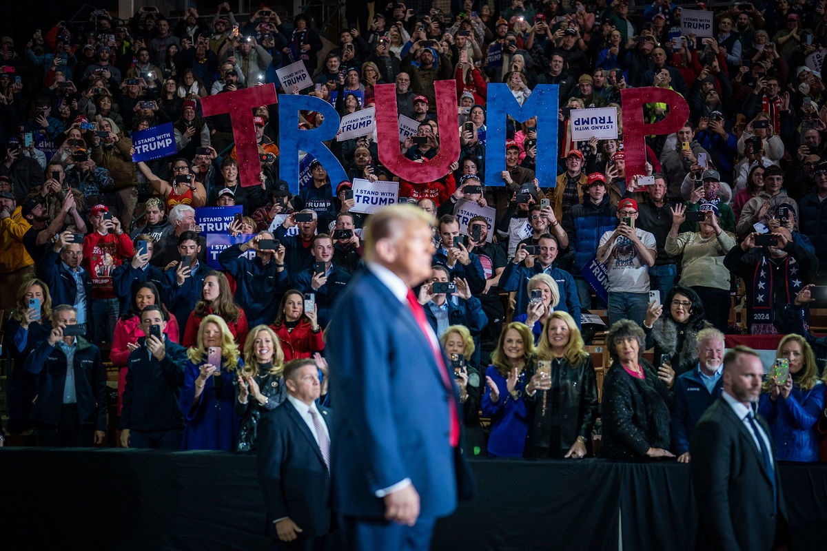 <i>Jabin Botsford/The Washington Post/Getty Images via CNN Newsource</i><br/>Former president Donald Trump delivers remarks at a campaign rally at the SNHU Arena in Manchester