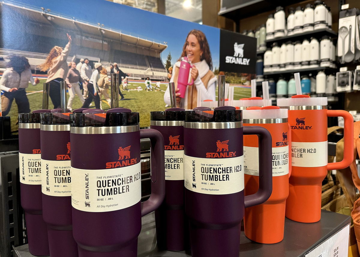 Stanley tumblers are displayed on a shelf at a Dick's Sporting Goods store on February 2nd in Daly City, California.