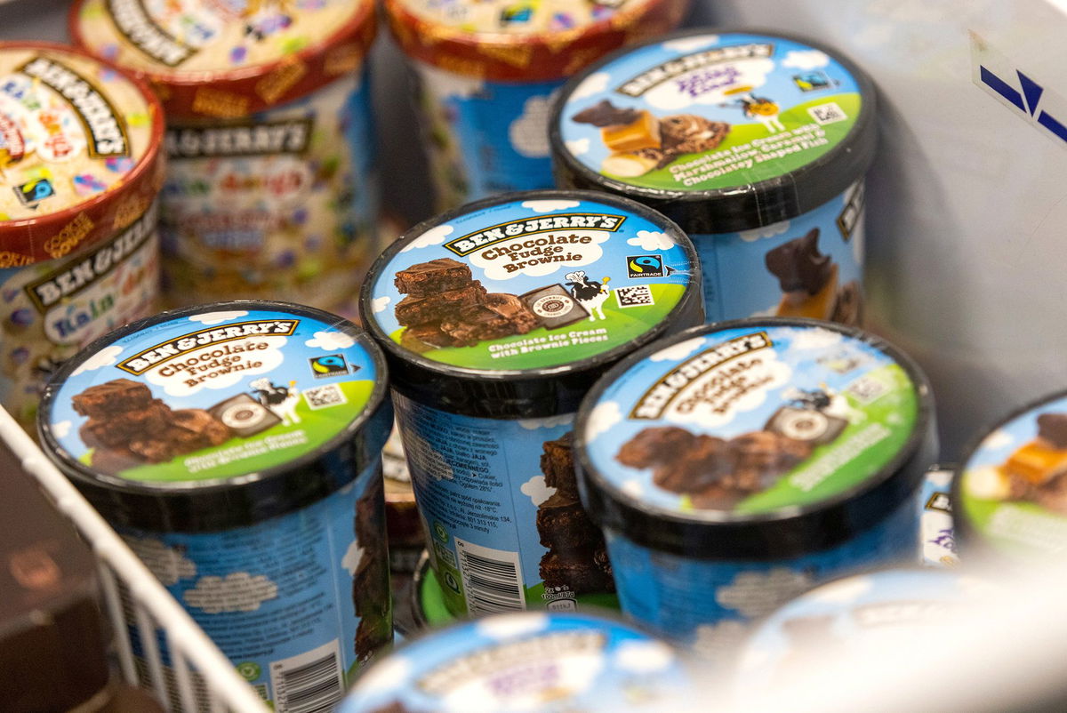 Tubs of Ben & Jerry's, manufactured by Unilever, at an Iceland Foods supermarket in Christchurch, United Kingdom, pictured in June 2022.