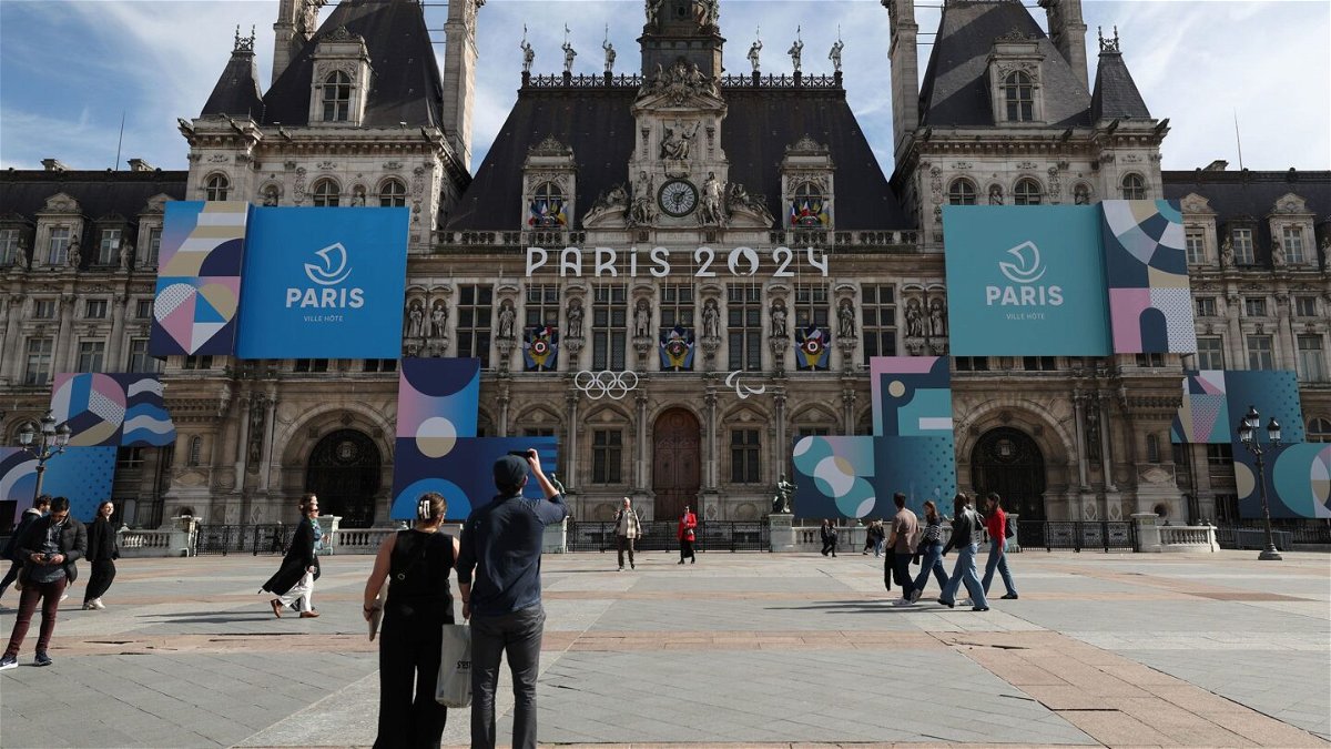 <i>Pascal Le Segretain/Getty Images via CNN Newsource</i><br/>The Paris 2024 logo is displayed on the façade of the Paris town hall. Organizers of the Olympic Games will offer free condoms