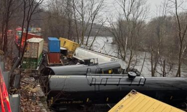 A freight train derailed along the Lehigh River in eastern Pennsylvania on Saturday.