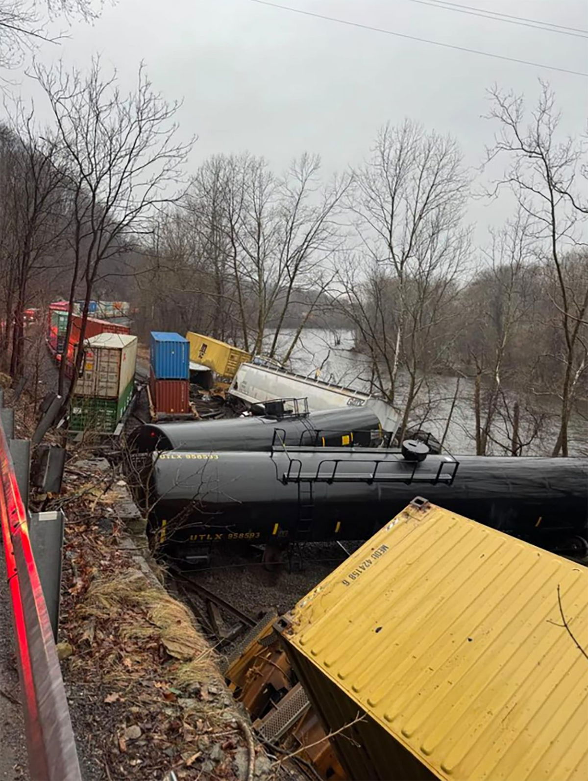 <i>Nancy Run Fire Company via CNN Newsource</i><br/>A freight train derailed along the Lehigh River in eastern Pennsylvania on Saturday.