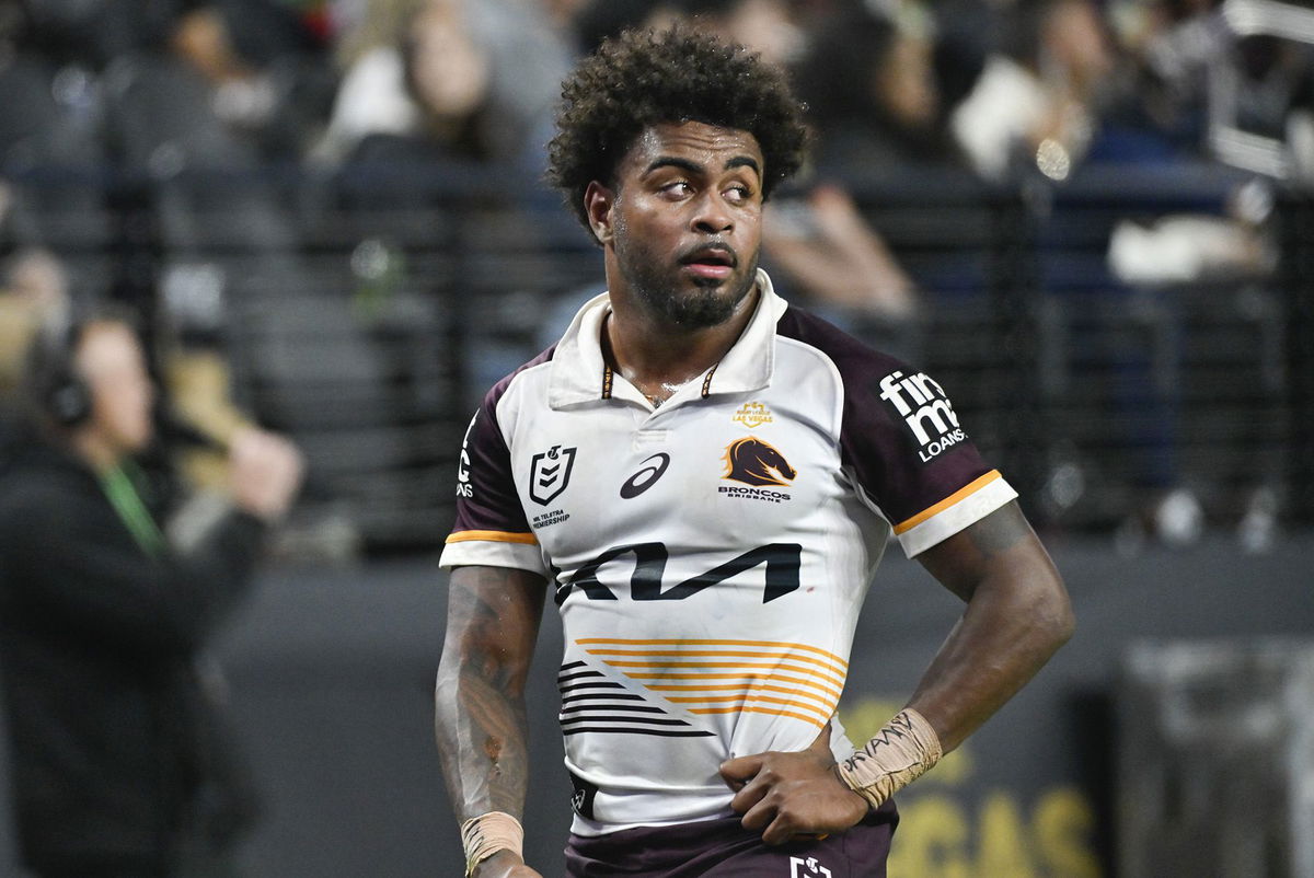 <i>David Becker/AP via CNN Newsource</i><br/>Ezra Mam playing for the Brisbane Broncos at the Allegiant Stadium in Las Vegas on Saturday.