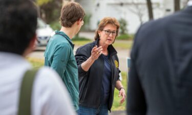 Harris County District Attorney Kim Ogg chats with reporters in Houston on March 5