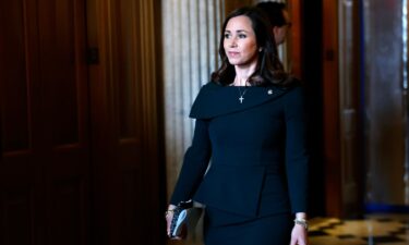 Sen. Katie Britt walks to a luncheon with Senate Republicans at the US Capitol Building on February 27