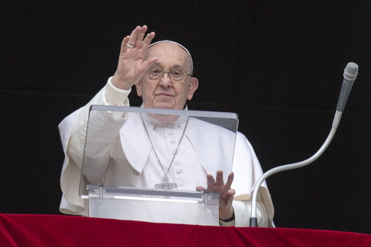 <i>Vatican Media/Vatican Pool/Getty Images via CNN Newsource</i><br/>Pope Francis delivers his Sunday Angelus blessing overlooking St. Peter's Square on Sunday.