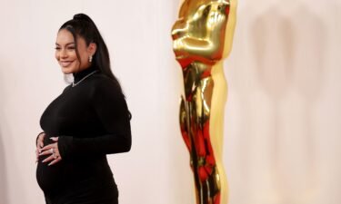 Vanessa Hudgens reveals pregnancy at the 2024 Academy Awards in Hollywood.