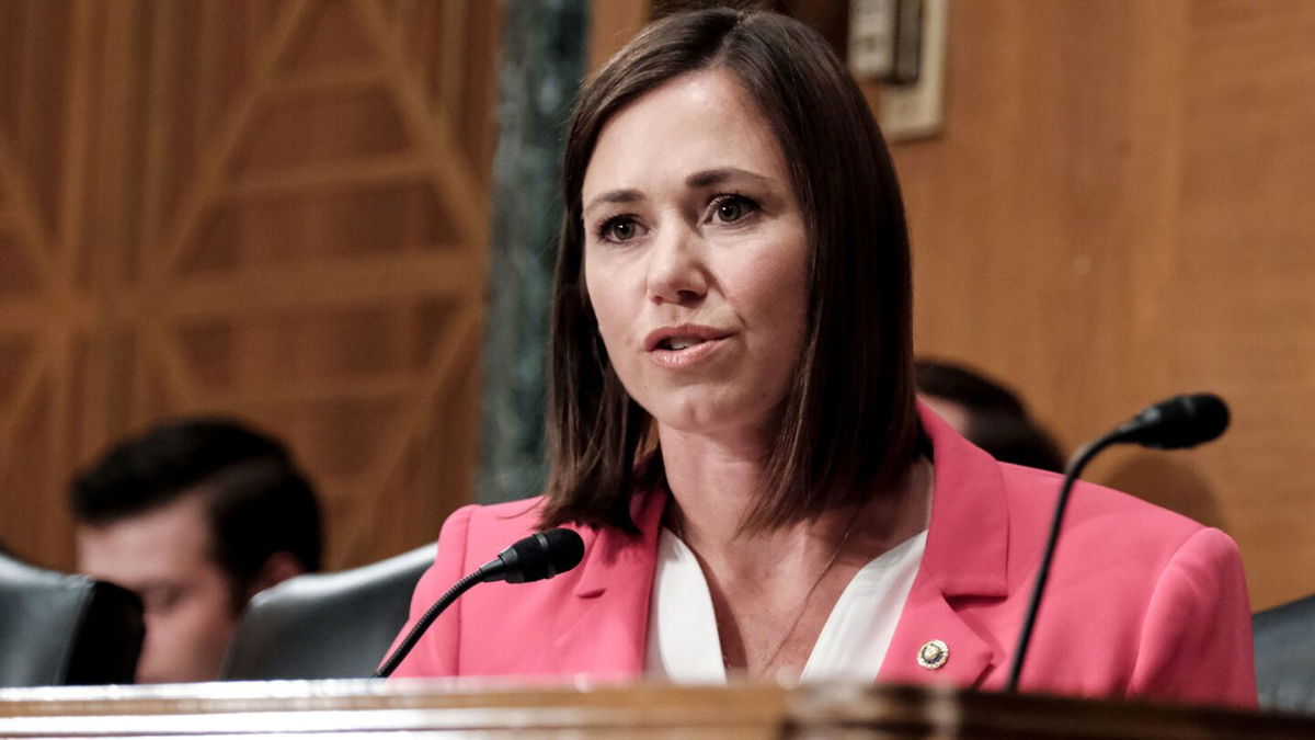 <i>Michael A. McCoy/Getty Images via CNN Newsource</i><br/>Sen  Katie Britt (R-AL) listens during a Senate Banking Committee hearing on Capitol Hill In June 2023 in Washington