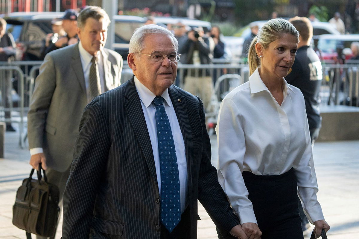 <i>Jeenah Moon/AP via CNN Newsource</i><br/>Democratic Sen. Bob Menendez of New Jersey and his wife Nadine Menendez arrive at the federal courthouse in New York