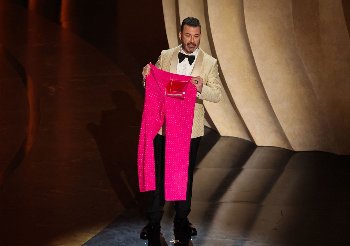 Jimmy Kimmel, with Ryan Gosling's Ken pants, hosting the 96th Academy Awards.
