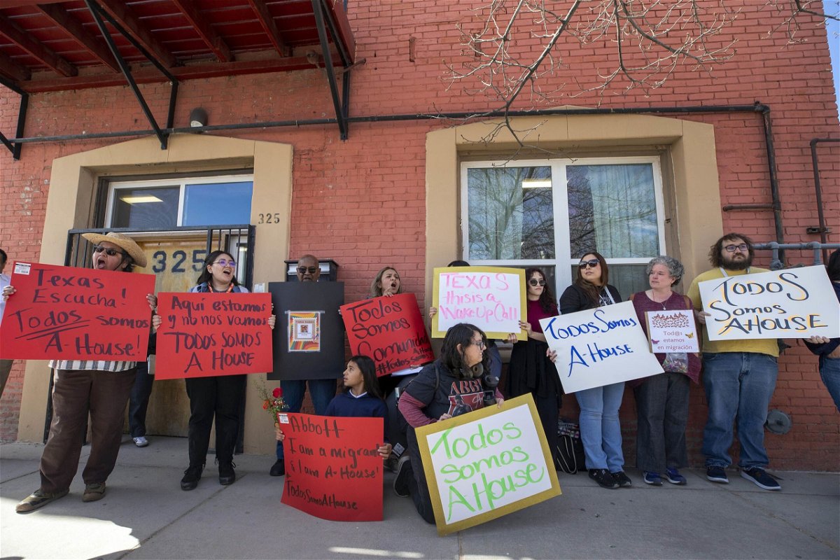 <i>Andres Leighton/AP via CNN Newsource</i><br/>Supporters of Annunciation House demonstrate in El Paso on February 23 after Texas Attorney General Ken Paxton tried to shut down the nonprofit.
