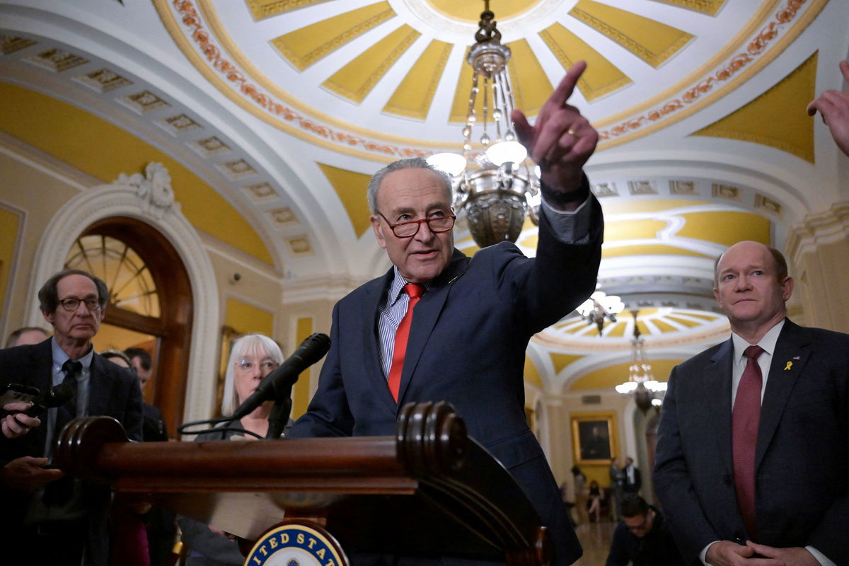 <i>Craig Hudson/Reuters/File via CNN Newsource</i><br/>Senate Majority Leader Chuck Schumer speaks during a press conference following the weekly Senate caucus luncheons on Capitol Hill in Washington