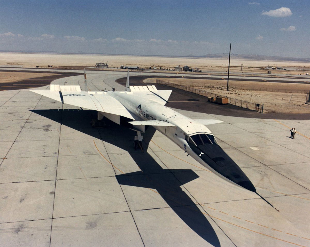 This photo shows the XB-70A parked on a ramp at Edwards Air Force Base in 1967.